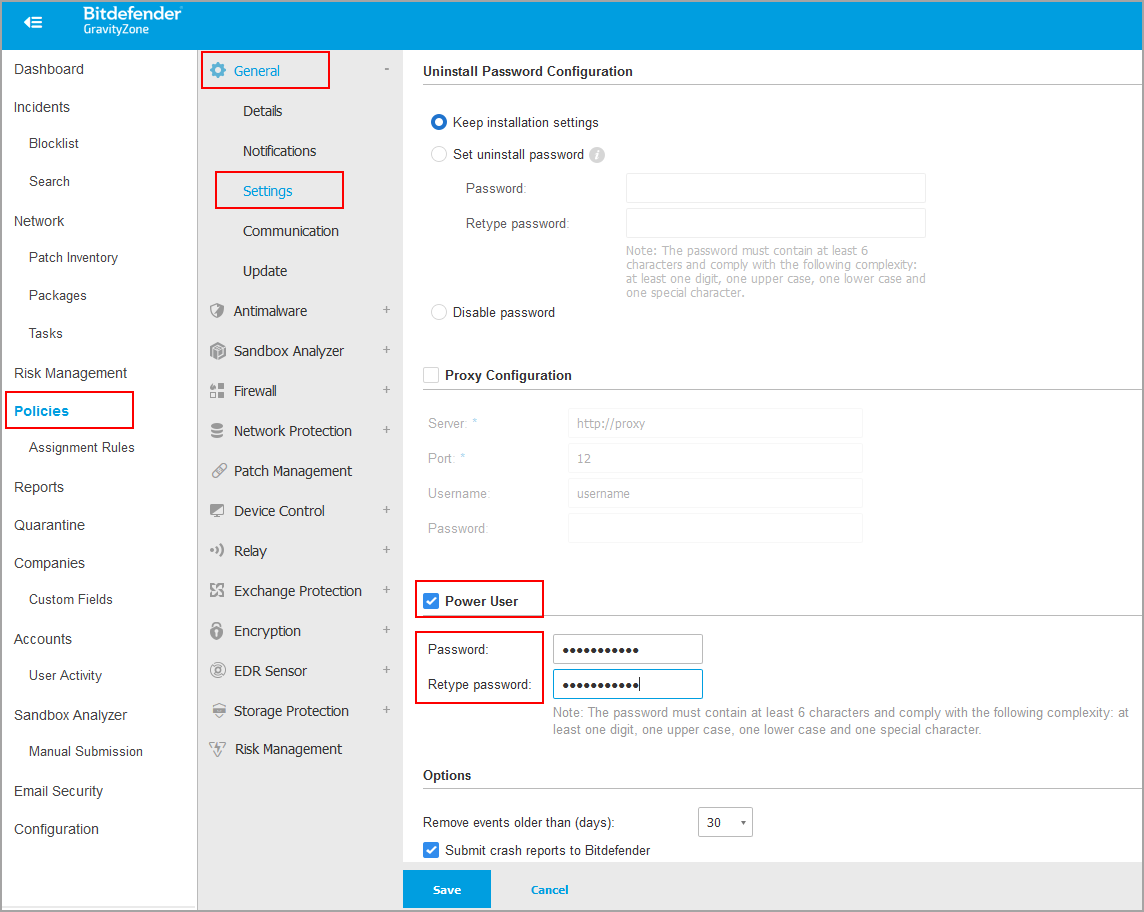 Image: Power User settings in GravityZone